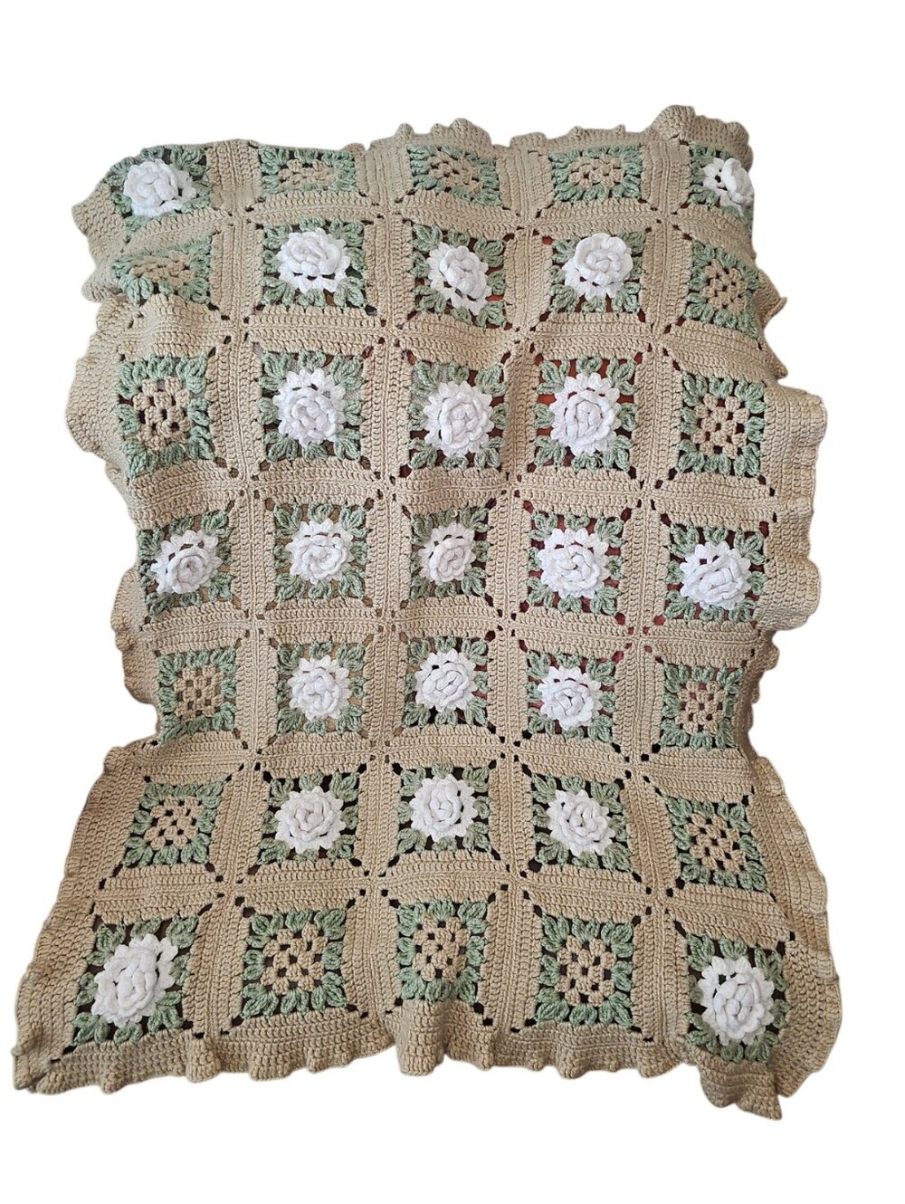 Handmade Crochet Floral Throw Blanket - Beige, Sage & White